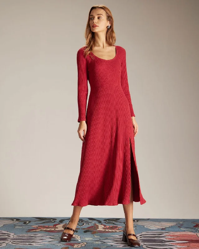 The Red Ribbed Side Split A-Line Maxi Dress