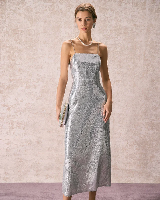 The Silver Sequin Sleeveless Strap Maxi Dress