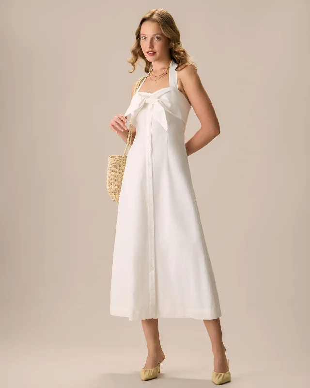 The White Sweetheart Neck Ruched Button Maxi Dress