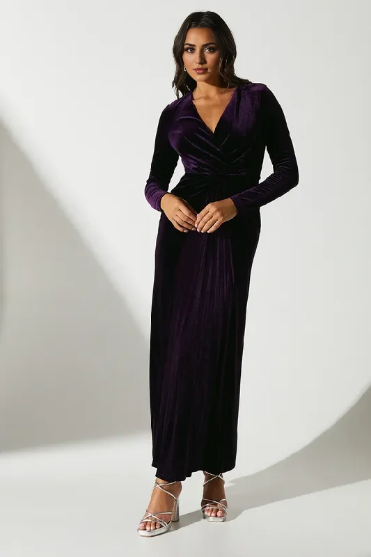 Twist Front V Neck Long Sleeve Velvet Midi Dress Floor-length Wedding Guest Dresses