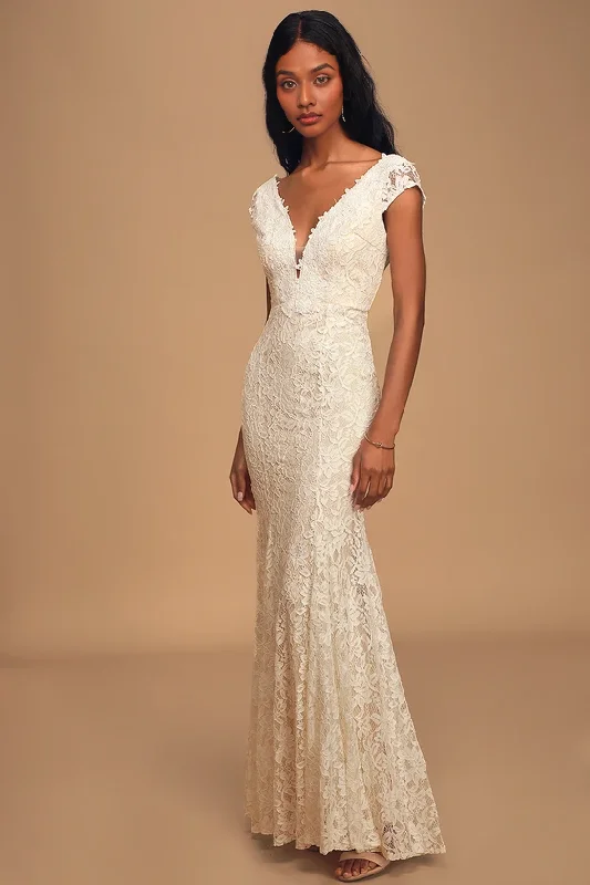 V-Neck Lace Short Sleeve Maxi Dress Mermaid Floor-length Wedding Dresses