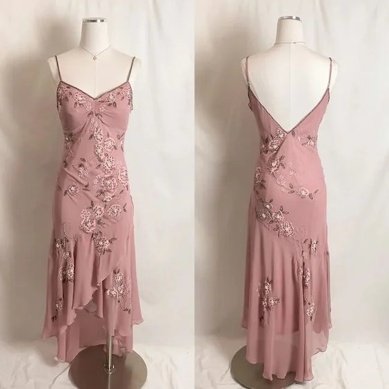 Vintage Dusty Pink Straps Ruffle Asymmetrical Midi Length Party Dress,DP1858