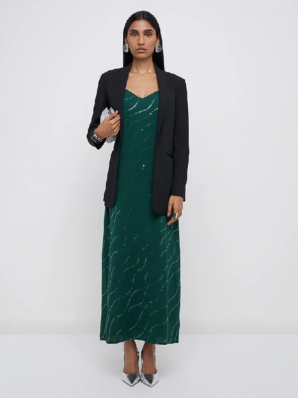 Wardrobe Dark Green Sequin-Detailed Party Maxi Dress