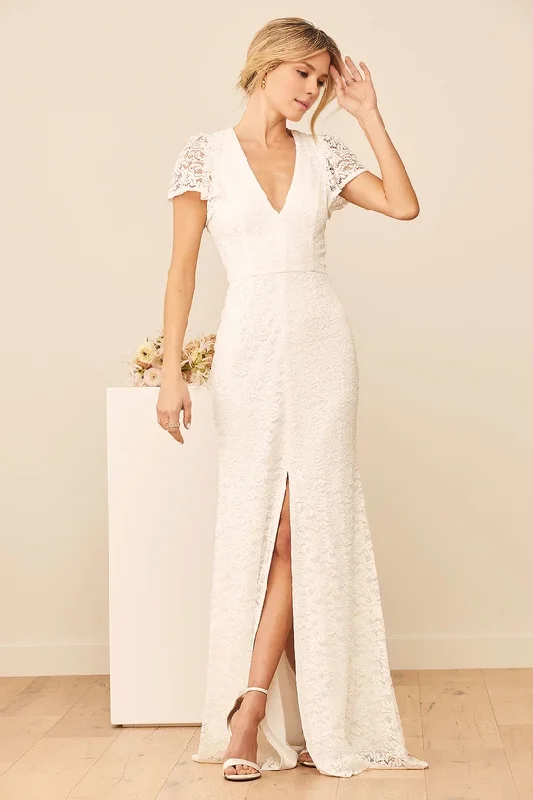 White Lace Flutter Sleeve Backless Floor-length Wedding Dresses Maxi Dress