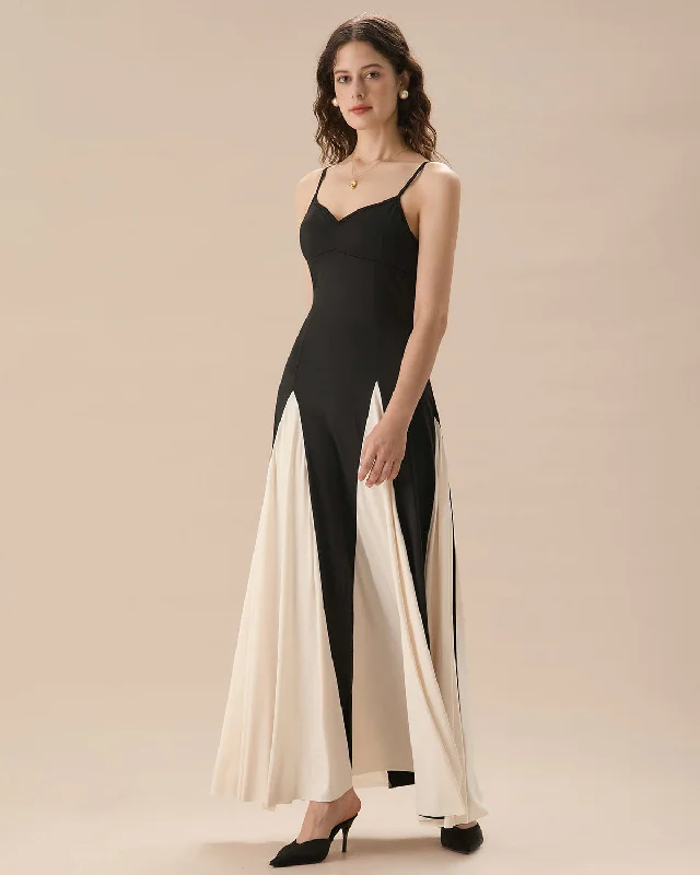 Women's Black Contrasting Pleated Slip Maxi Dress