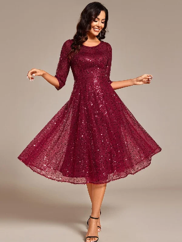 Elise | 3/4 Sleeve Sparkly Sequin Round Neck Midi Wedding Guest Dress