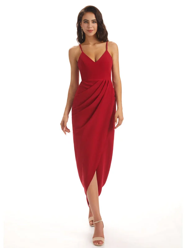 Simple Soft Satin Spaghetti Straps Mermaid Midi Bridesmaid Dresses