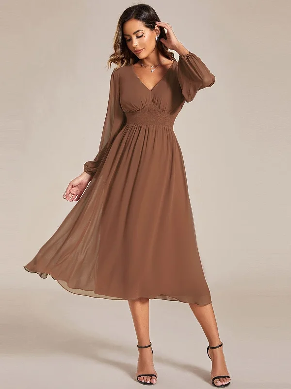 Custom Size Chiffon V-Neck Long Sleeves Elastic Band Midi Wedding Guest Dress