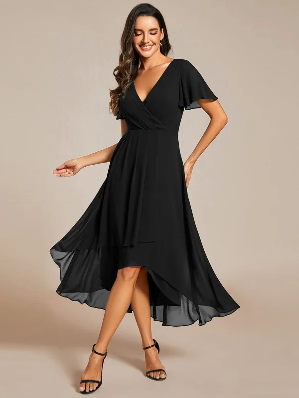 Custom Size Ruffles Sleeve Pleated V-Neck A-Line Midi Chiffon Wedding Guest Dress