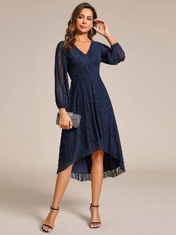 Glow Laura | Glitter Long Sleeve V-Neck A-Line Midi Wedding Guest Dress