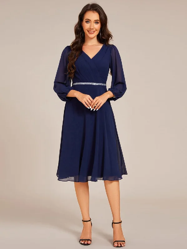 Pleated A-Line Long Sleeve Midi Chiffon Wedding Guest Dress