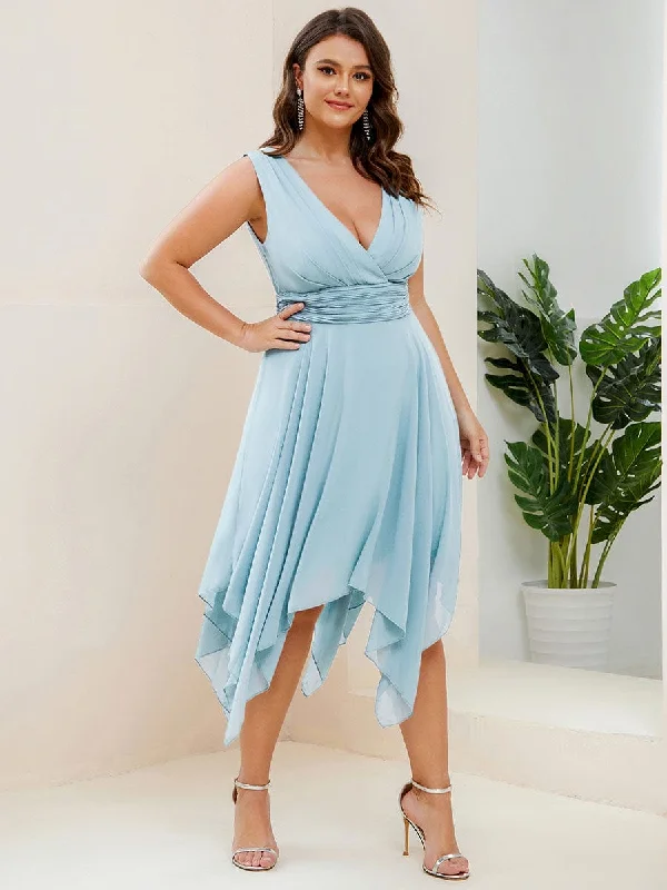 Plus Size Double V Neck Ruched-Waist Midi Chiffon Bridesmaid Dress