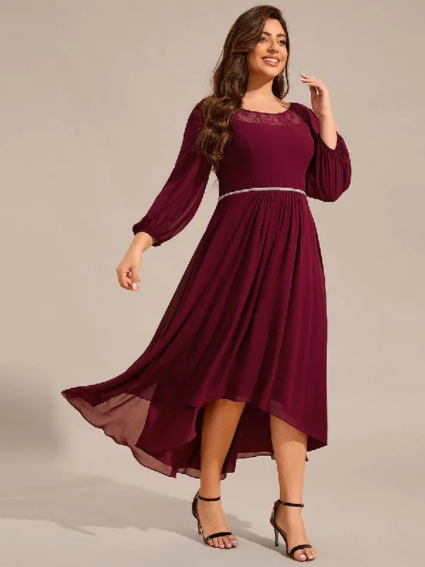 Cora | Plus Size Lace Round Neck Long Sleeve Chiffon Midi Wedding Guest Dress