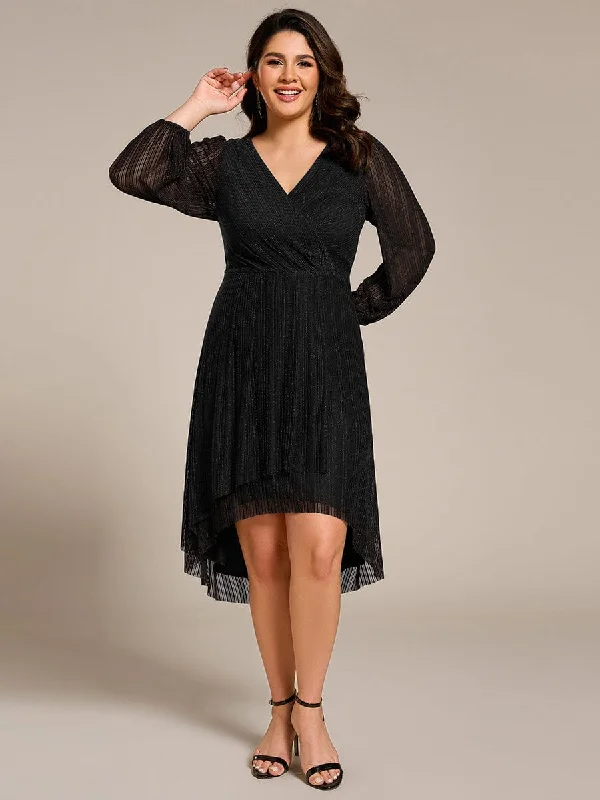 Glow Laura | Plus Size Pleated Long Sleeve V-Neck Midi Glitter Wedding Guest Dress