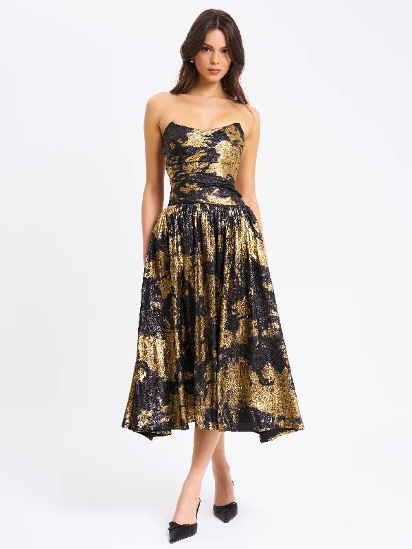 Saanvi Gold Tie Dye Bronzing Strapless Drop Waist Midi Dress