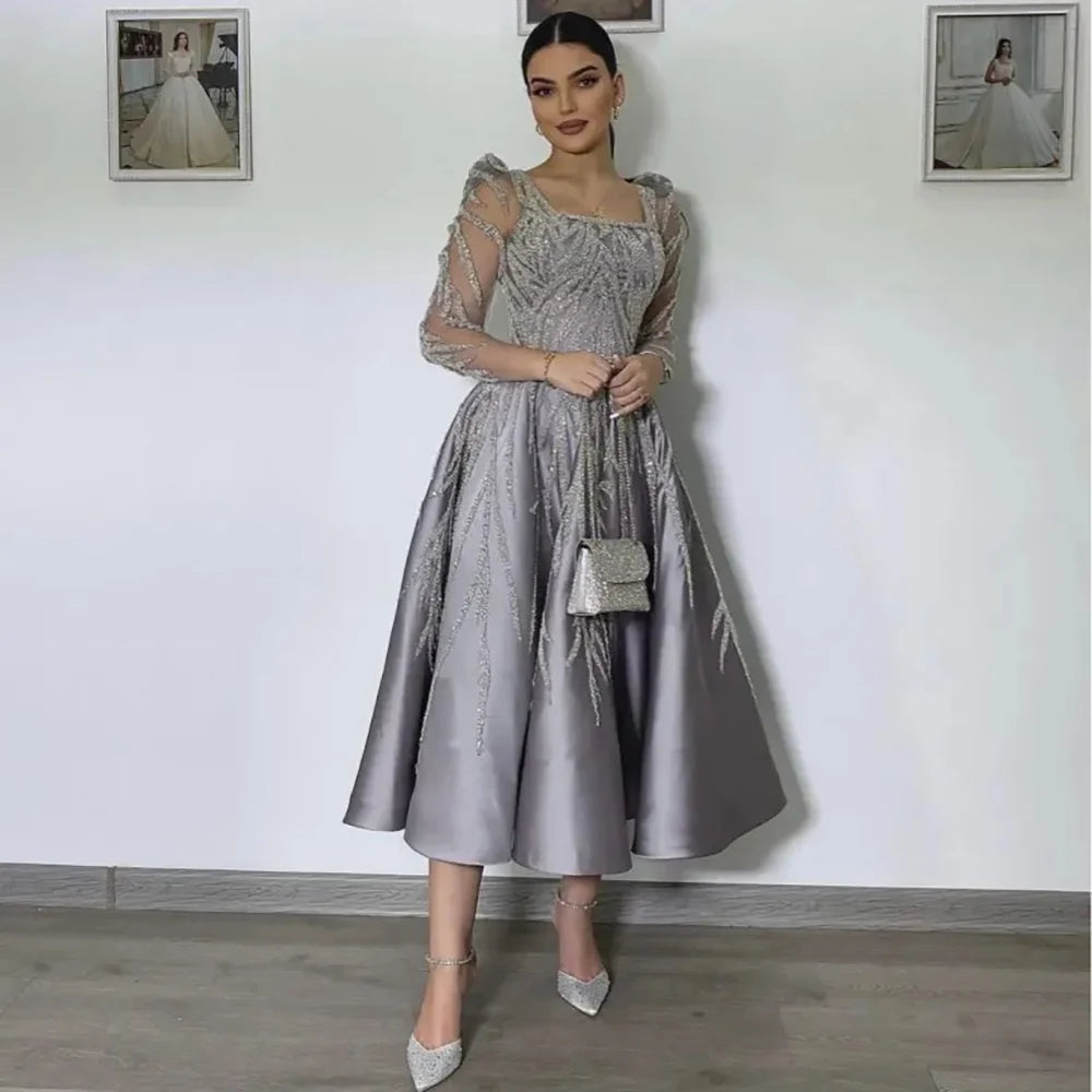 Serene Hill Arabic A Line Luxury Satin Lace Beaded Gray Midi Tea Length Evening Dresses Gowns Formal Woman Wedding Party LA72240