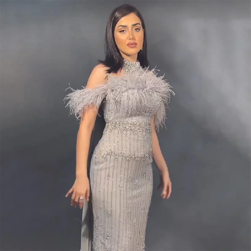 Serene Hill Gray Beaded Arabic Midi Ankle Length Evening Dresses  With Cape Feather Gowns 2024 For Women Wedding Party LA72060