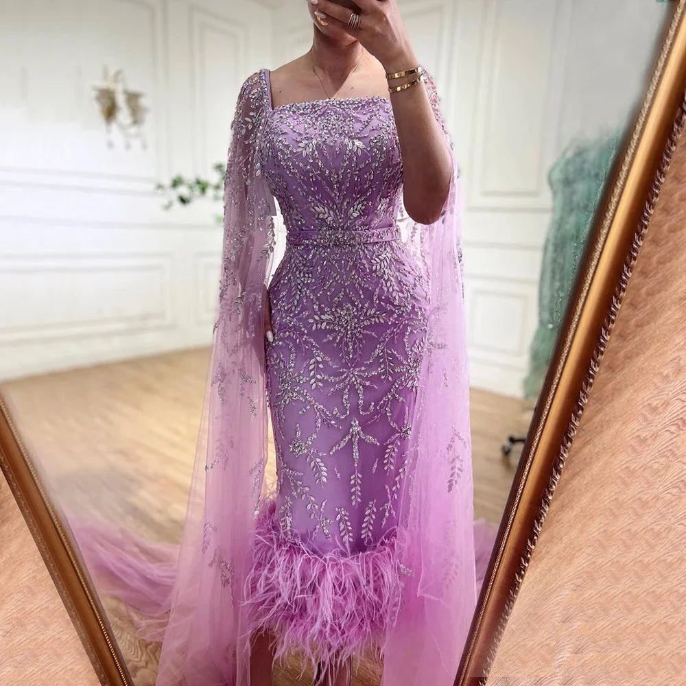 Serene Hill Lilac Mermaid Ankle Length  Midi Feather Beaded Luxury Evening Dresses With Cape Gowns For Women Party 2024 LA71841