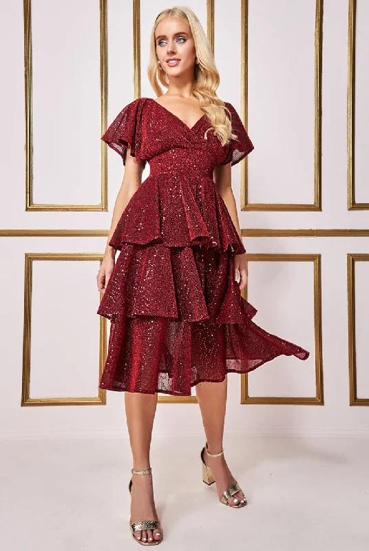 Goddiva Patterned Sequin Lurex Tiered Midi Dress With Flutter Sleeves