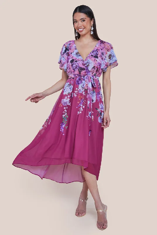 Goddiva Flutter Sleeve A-Line Chiffon Floral Printed Midi Dress