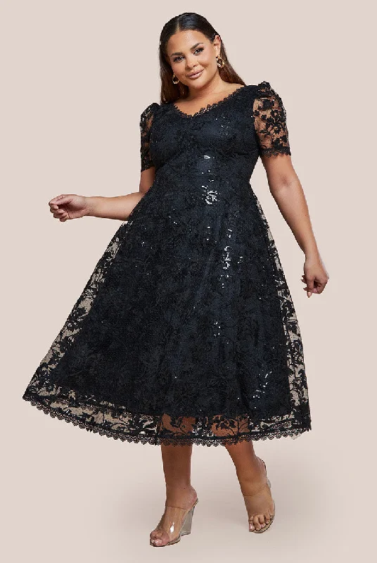 Goddiva Plus Sequin Lace Short Sleeve A-Line Midi Dress