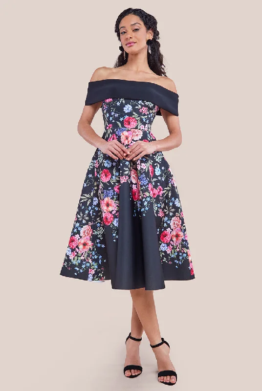 Goddiva Scuba Foam Floral Bardot Midi Dress