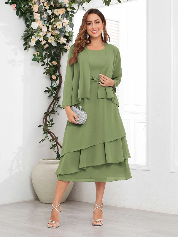 Salem Chic Two-Pieces Tiered Midi Chiffon Mother Of The Bride Dresses