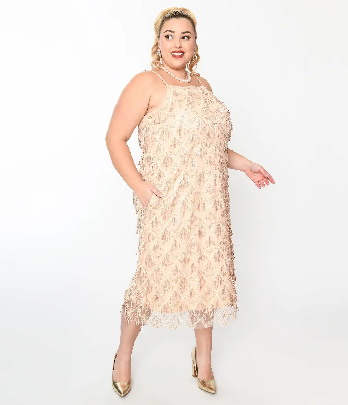 1920s Champagne Sequin Fringe Midi Dress