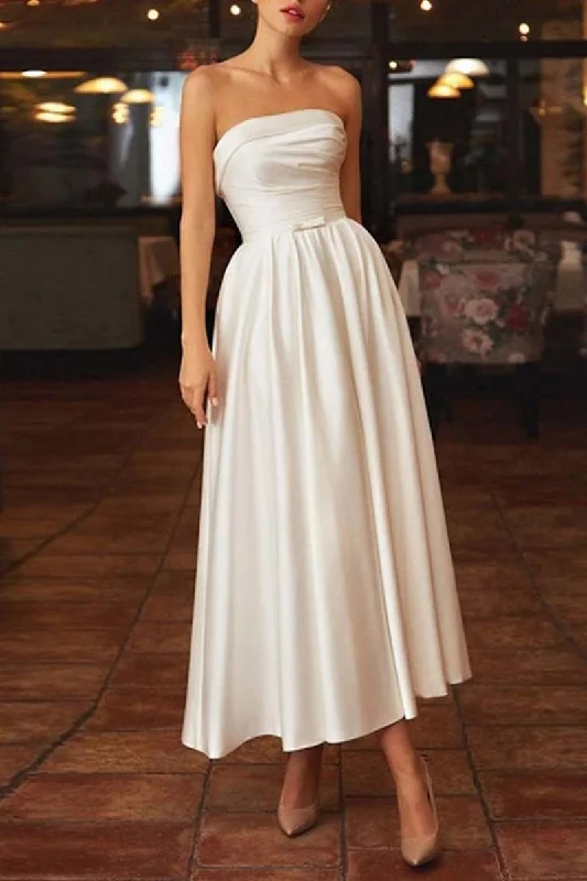 K1326 - Summer Strapless Sleeveless Ruched Satin A-Line Midi Wedding Dress