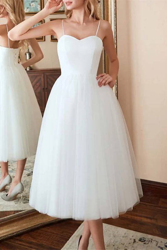 K1327 - Sweetheart Spaghetti Straps Satin Tulle A-Line Midi Wedding Dress