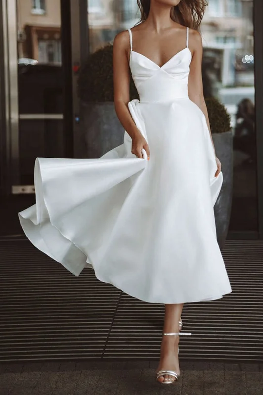 K1365 - Simple Summer V-Neck Spaghetti Straps Beaded Satin Midi Wedding Dress