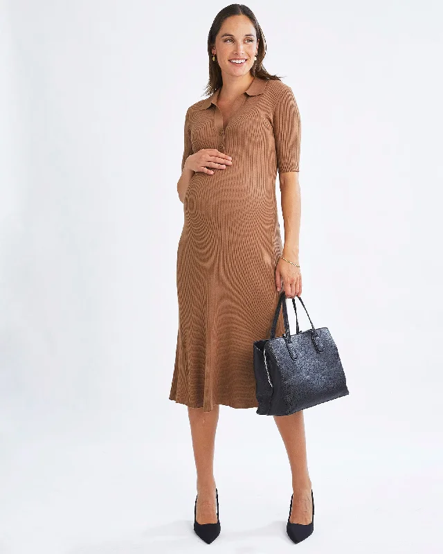 Eleanor Elegance Knit Maternity Midi Dress in Camel