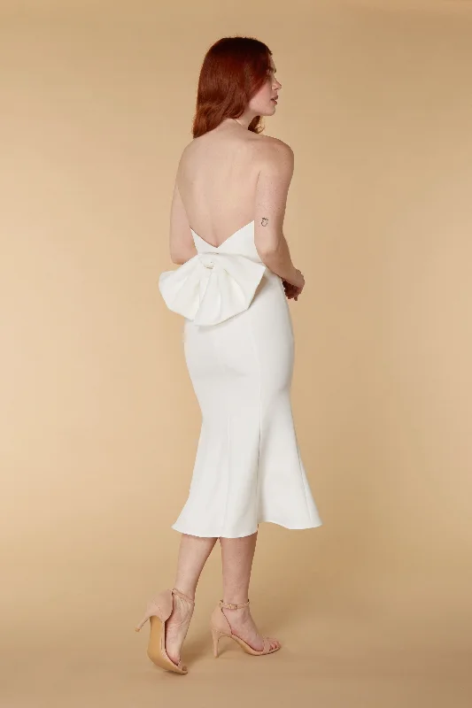 Maya Strapless Fishtail Midi Dress with Bow Back Detail