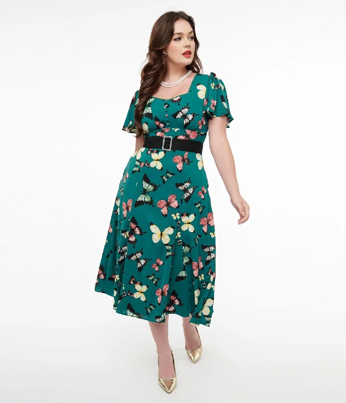 Unique Vintage 1940s Green Butterfly Print Midi Dress