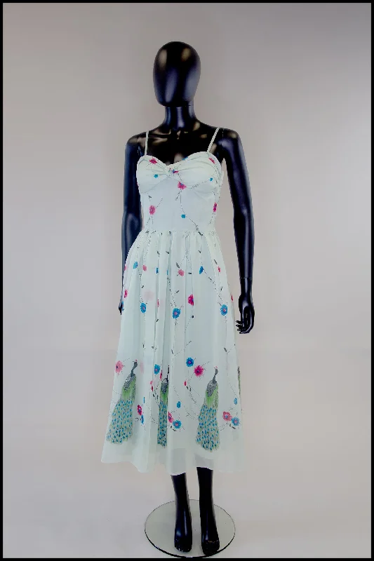 Vintage 1970s Peacock Print Midi Dress